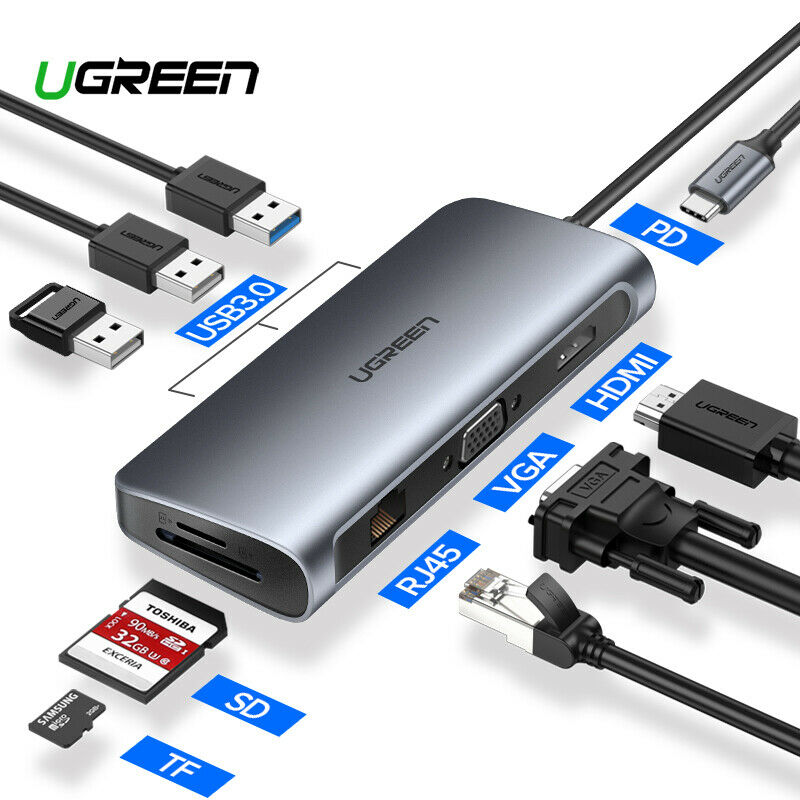 Ugreen USB 3.0 HUB PD Charger USB-C to HDMI VGA Card Reader Ethernet Adapter