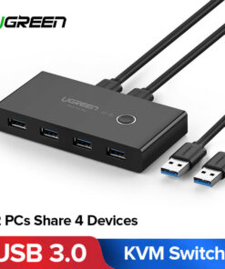 UGREEN USB Switch Selector 2 Computers Sharing 4 USB Devices USB 2.0 Peripheral Switcher Box Hub for Mouse, Keyboard, Scanner, Printer, PCs with One-Button Swapping