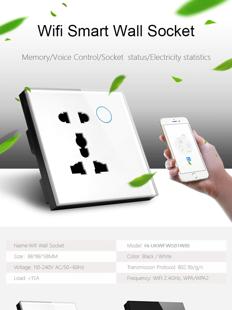 Alternative view of WIFI Smart Wall Socket (16A) with control switch-Crystal tempered glass panel