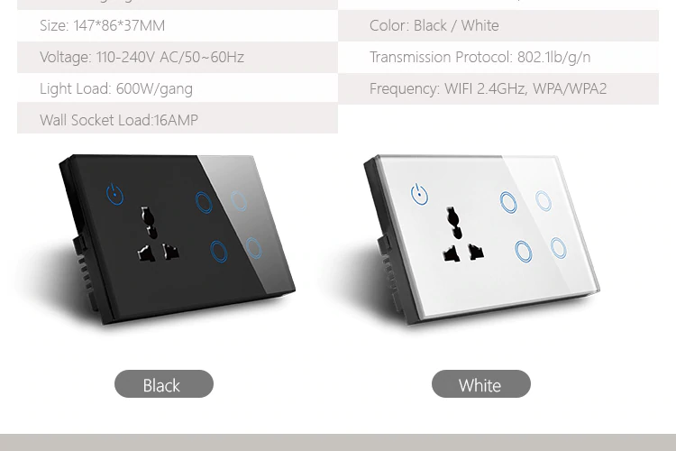 Alternative view of WIFI Socket with 4 Gang WIFI Switch 600W,WIFI Intelligent Wall Socket 16A,compatible Alexa,Google assistant