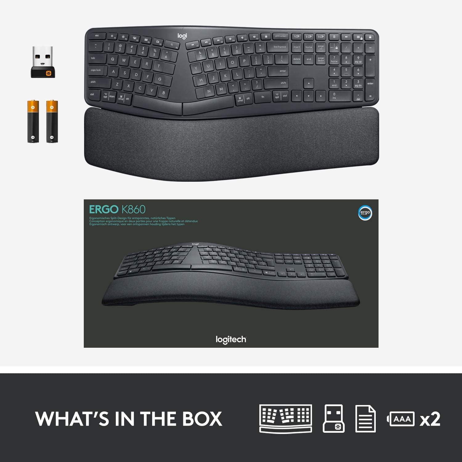Logitech Ergo K860 Wireless Ergonomic Keyboard with Wrist Rest - Split Keyboard Layout for Windows/Mac, Bluetooth or USB Connectivity - Image 3