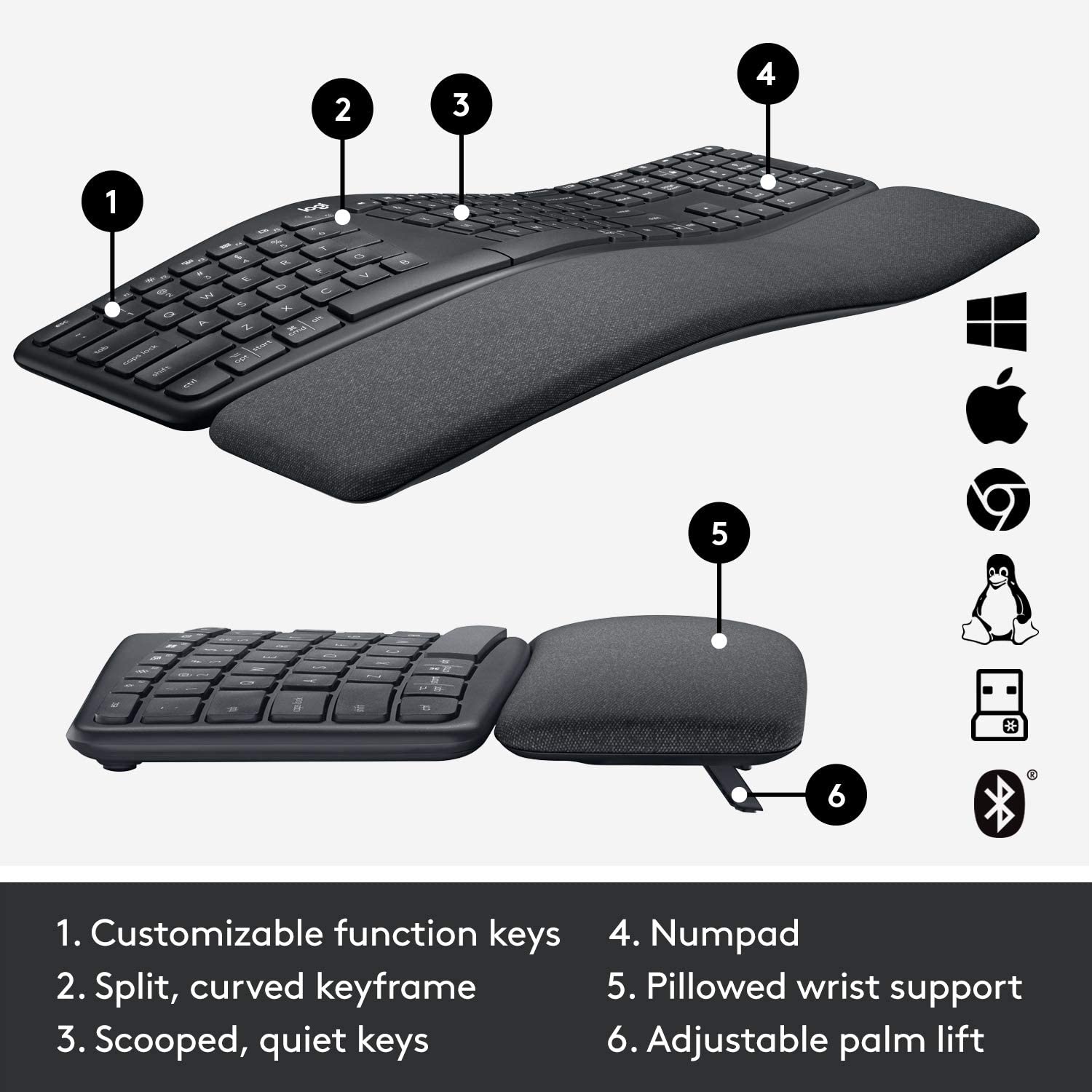 Logitech Ergo K860 Wireless Ergonomic Keyboard with Wrist Rest - Split Keyboard Layout for Windows/Mac, Bluetooth or USB Connectivity - Image 7