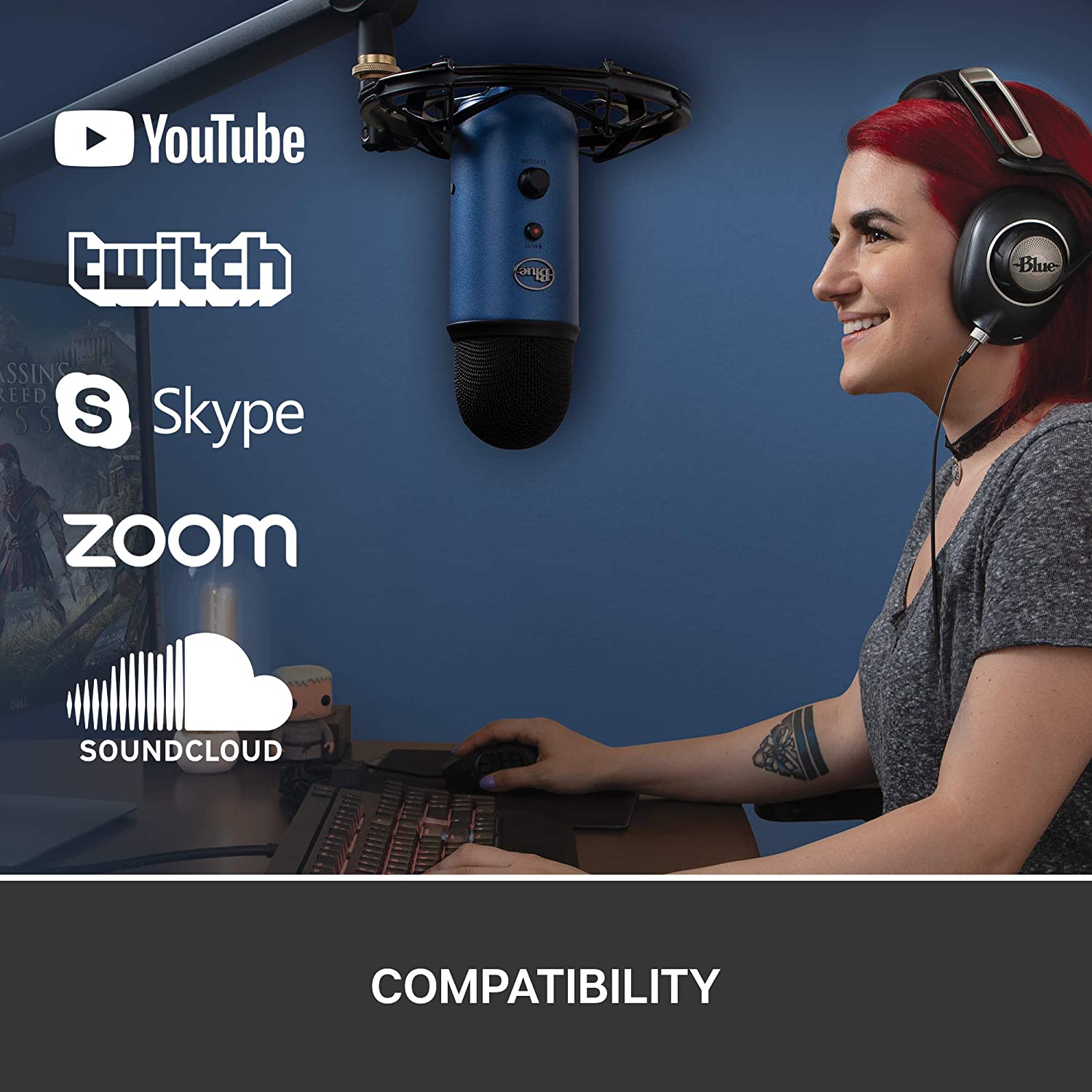 Blue Yeti USB Mic for Recording and Streaming on PC and Mac, 3 Condenser Capsules, 4 Pickup Patterns, Headphone Output and Volume Control, Mic Gain Control, Adjustable Stand, Plug and Play (Midnight Blue) - Image 5
