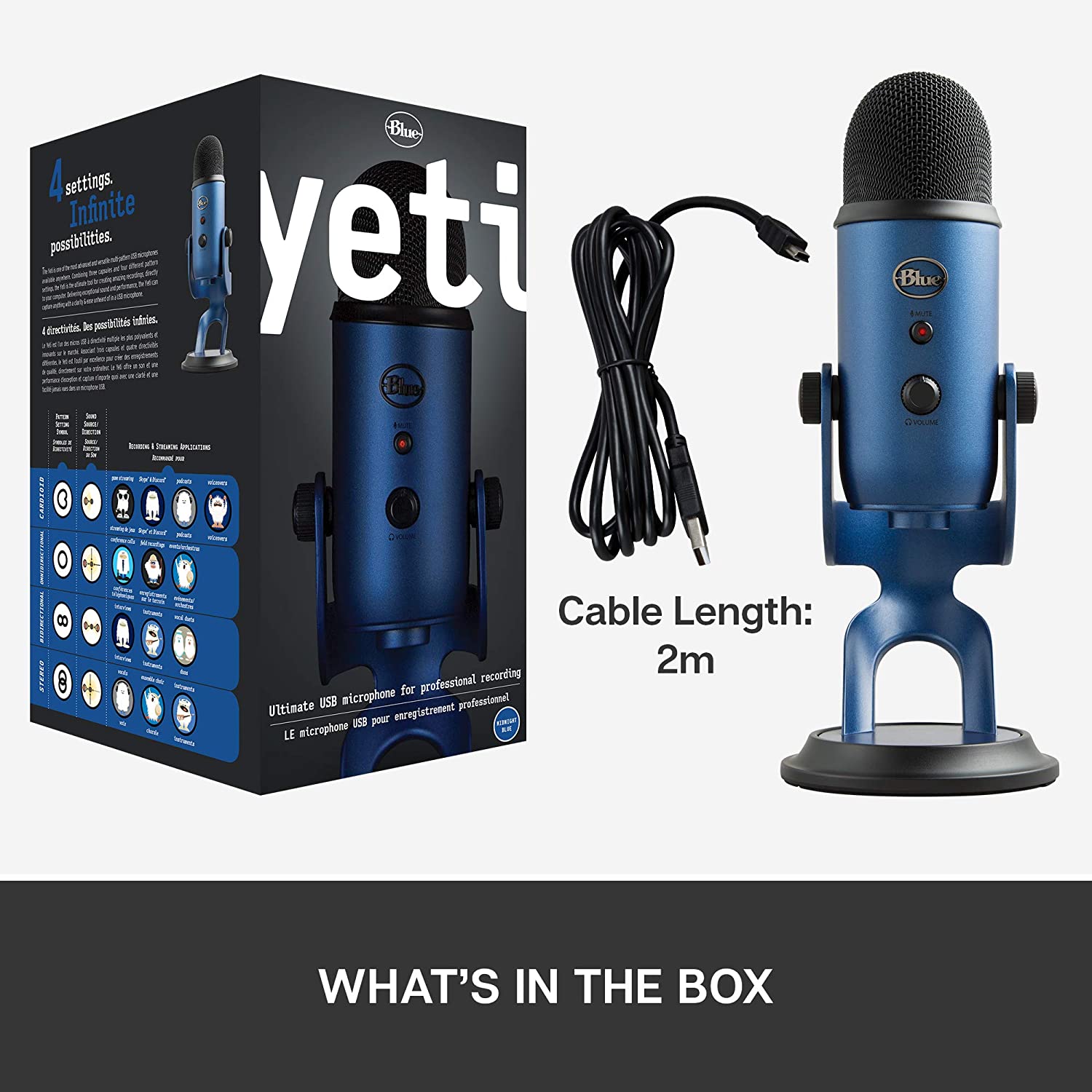 Blue Yeti USB Mic for Recording and Streaming on PC and Mac, 3 Condenser Capsules, 4 Pickup Patterns, Headphone Output and Volume Control, Mic Gain Control, Adjustable Stand, Plug and Play (Midnight Blue) - Image 4