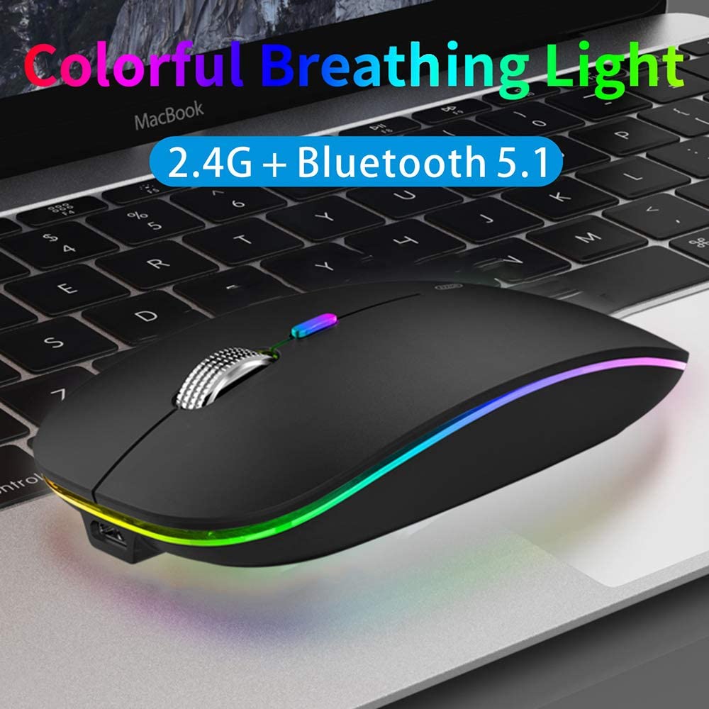 Wireless Bluetooth Mouse, LED Slim Dual Mode (Bluetooth 5.1 + USB) 2.4GHz Rechargeable (Matte Black)