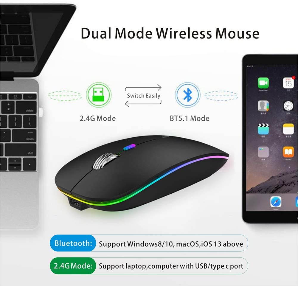 Wireless Bluetooth Mouse, LED Slim Dual Mode (Bluetooth 5.1 + USB) 2.4GHz Rechargeable (Matte Black) - Image 2
