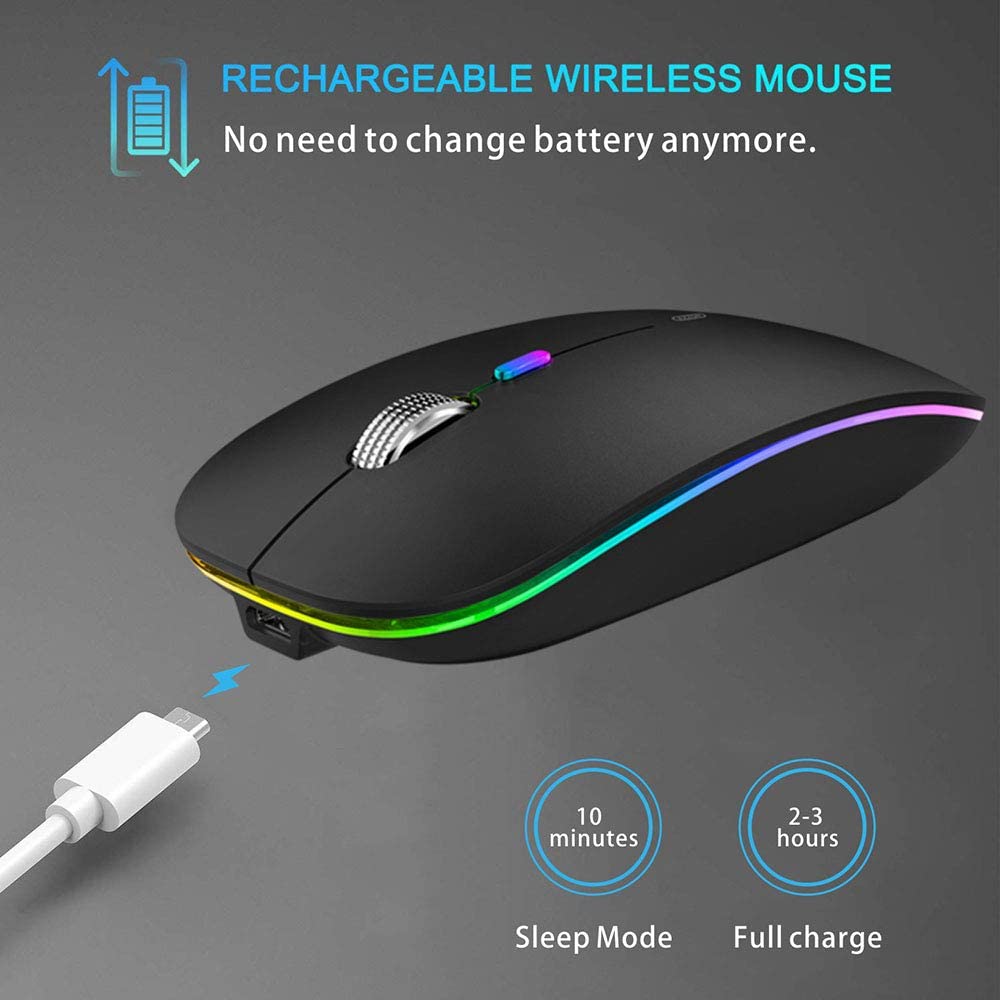 Wireless Bluetooth Mouse, LED Slim Dual Mode (Bluetooth 5.1 + USB) 2.4GHz Rechargeable (Matte Black) - Image 3
