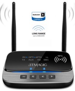 BTMAGIC Bluetooth 5.0 Transmitter Receiver 265FT Long Range 3 in 1 Bluetooth Audio Adapter aptX HD aptX Low Latency, Optical RCA AUX 3.5mm for TV Home Stereo PC Headphone/Speaker, USB Rechargeable