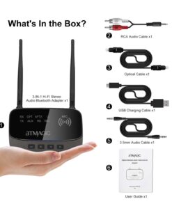 Alternative view of BTMAGIC Bluetooth 5.0 Transmitter Receiver 265FT Long Range 3 in 1 Bluetooth Audio Adapter aptX HD aptX Low Latency, Optical RCA AUX 3.5mm for TV Home Stereo PC Headphone/Speaker, USB Rechargeable